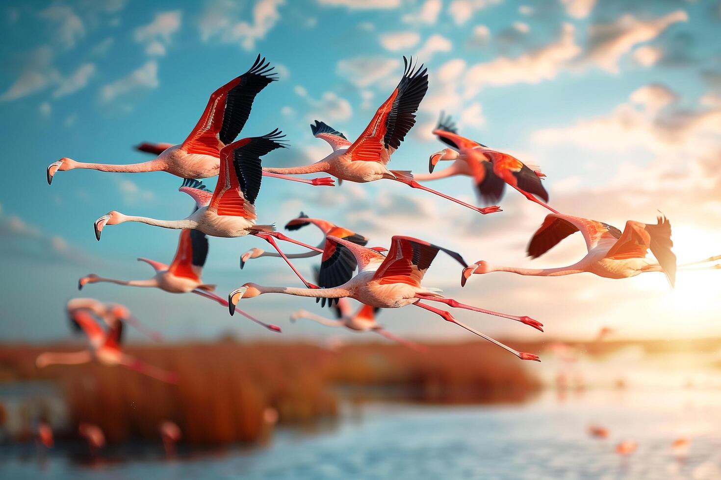 Flock of Flamingos Flying over a Body of Water Background photo