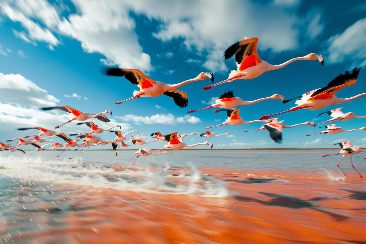 Flock of Flamingos Flying over a Body of Water Background photo
