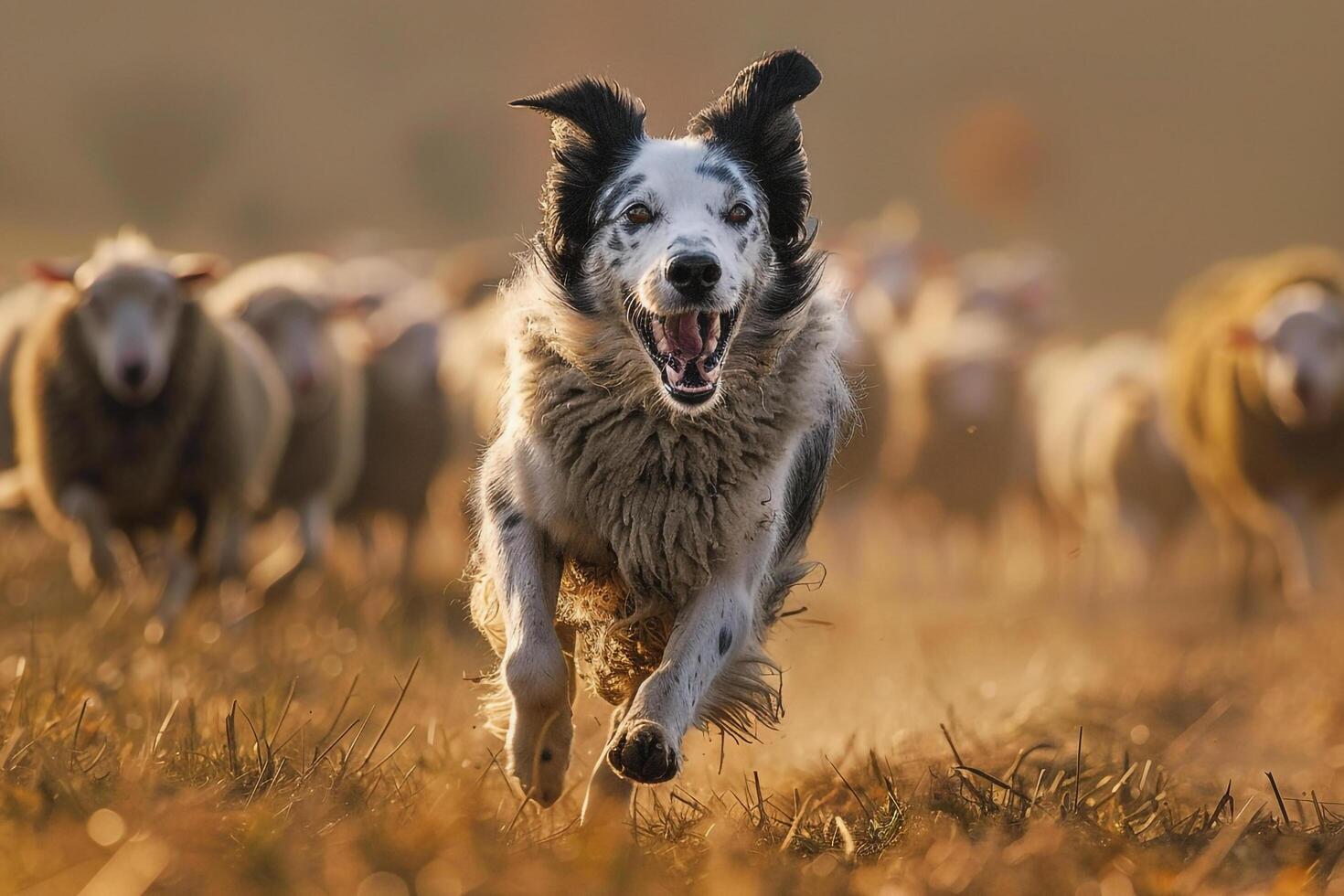 Dog Running Through Field with Sheep Background photo
