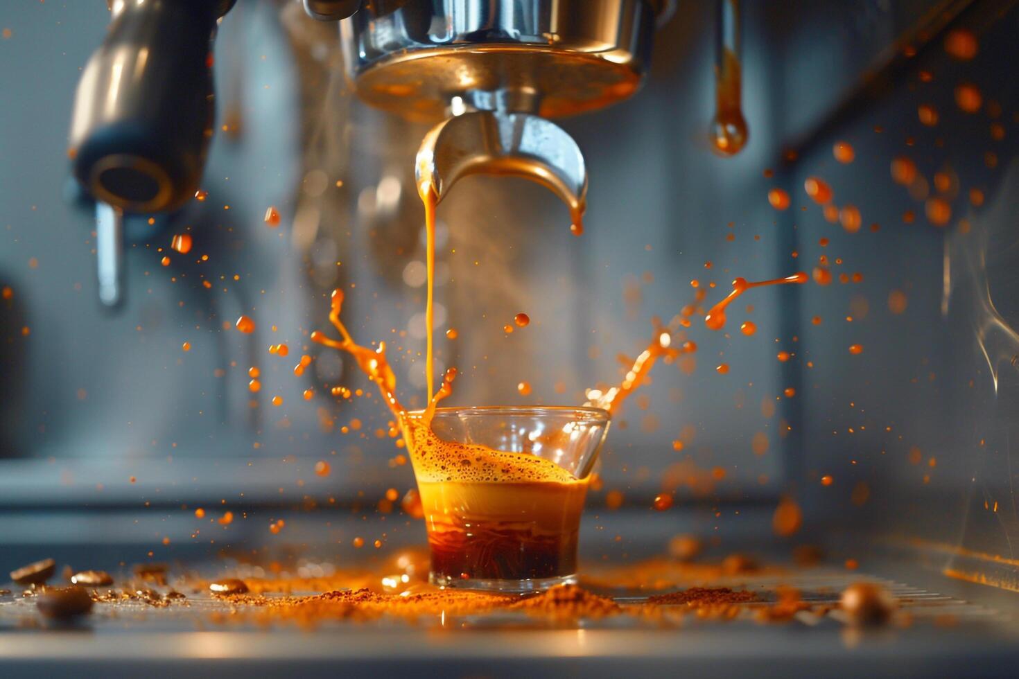 Coffee Machine Pouring Coffee into Glass Background photo