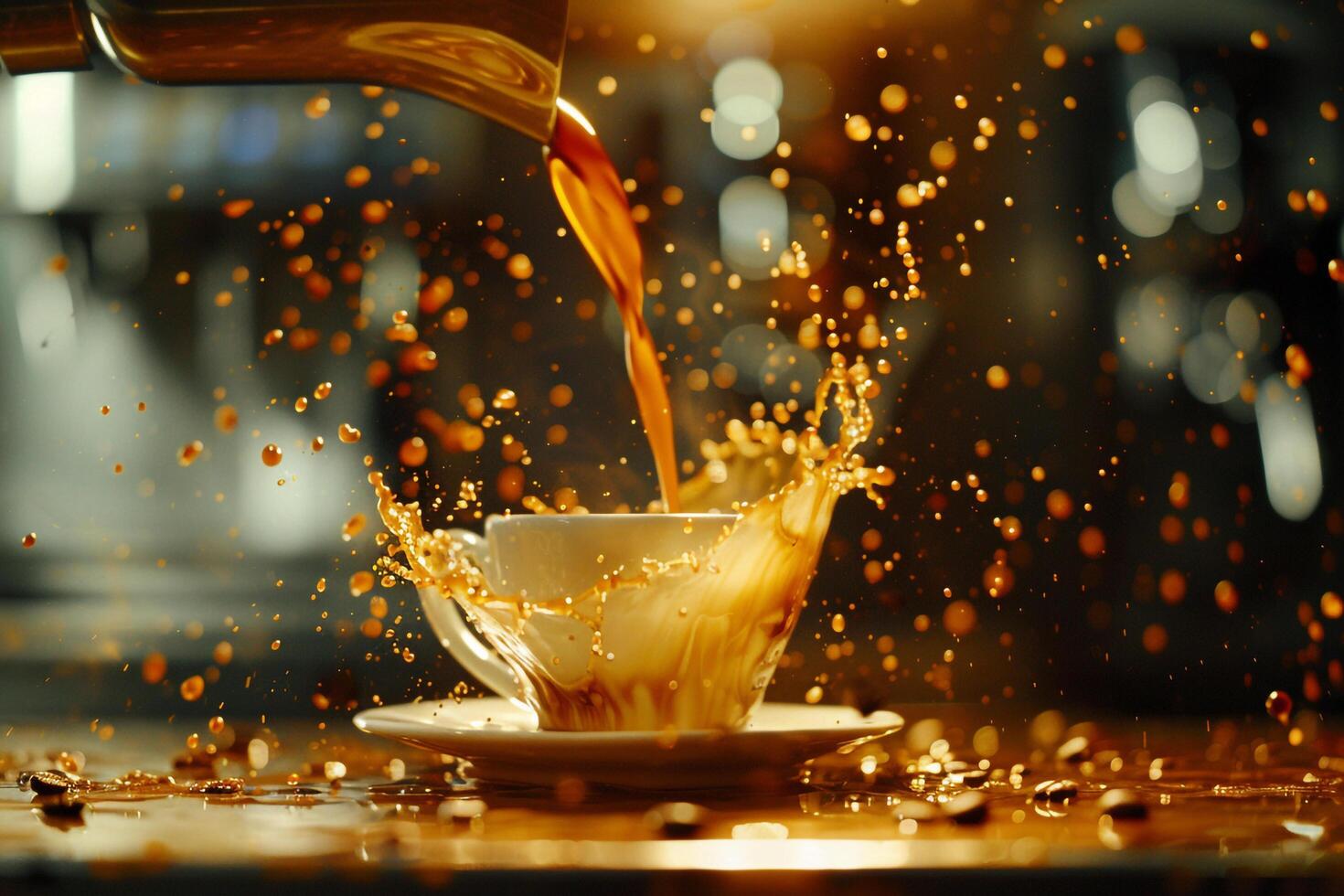 Coffee Pouring into Cup on Table Background photo