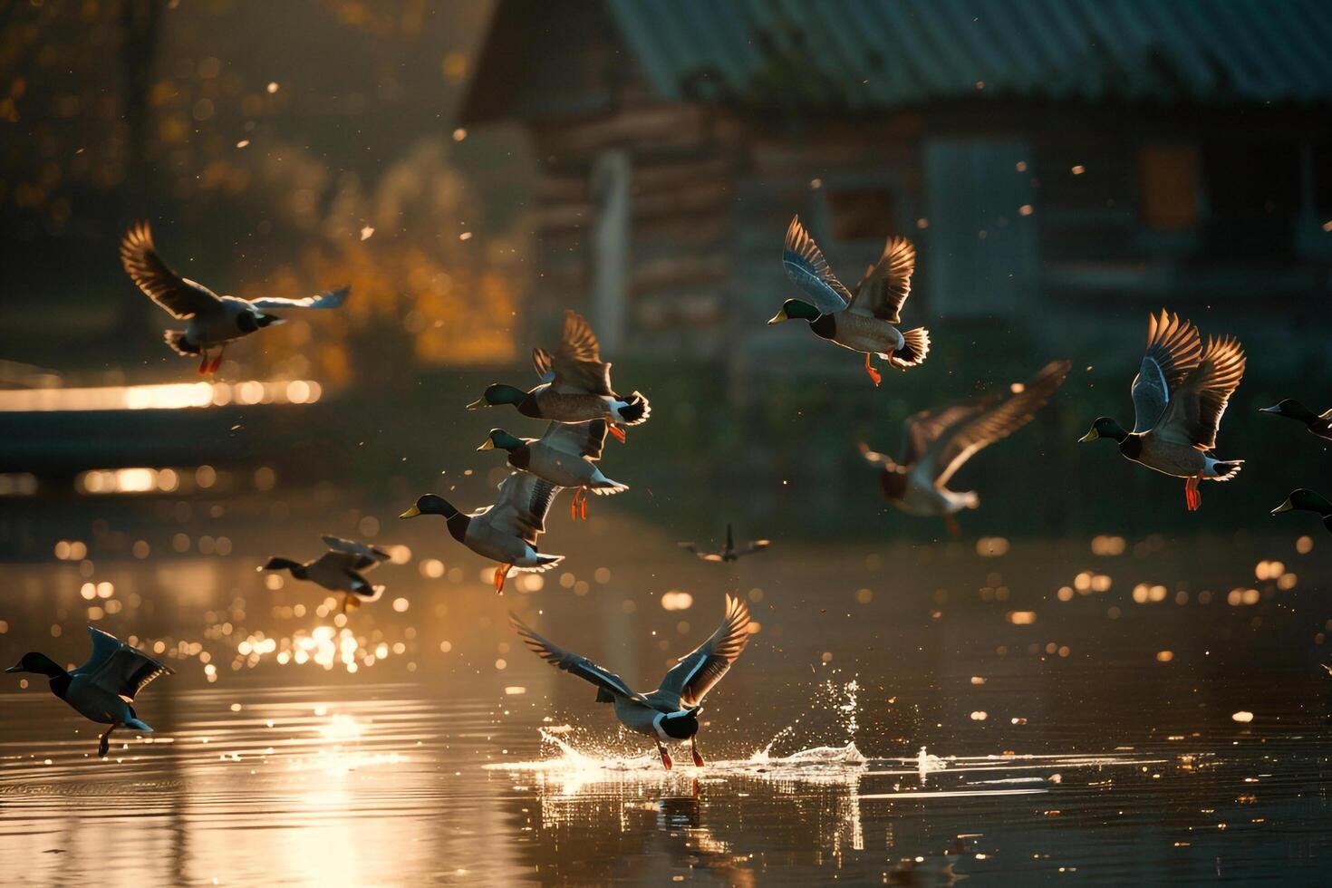 Flock of Birds Flying over Lake Background photo