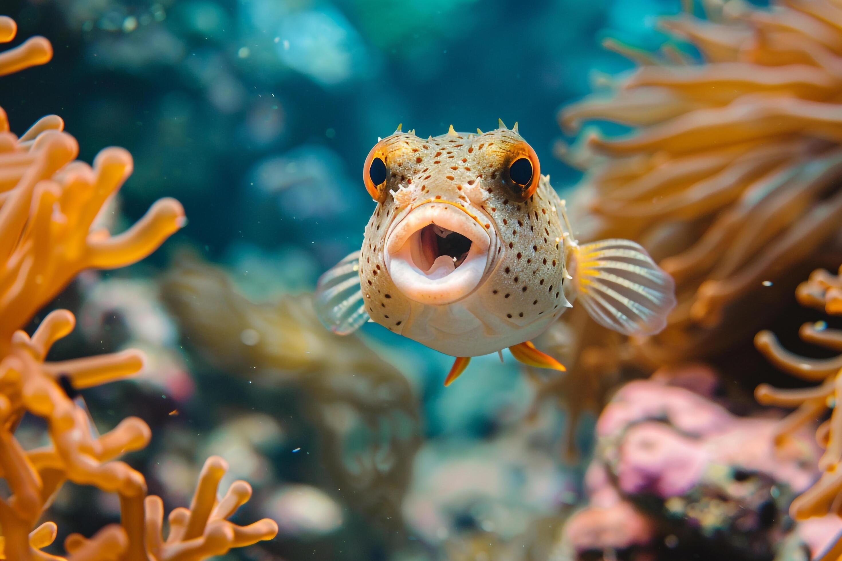 Puffer Fish with Mouth Open in Front of Anemone Background 48137015 Stock Photo at Vecteezy