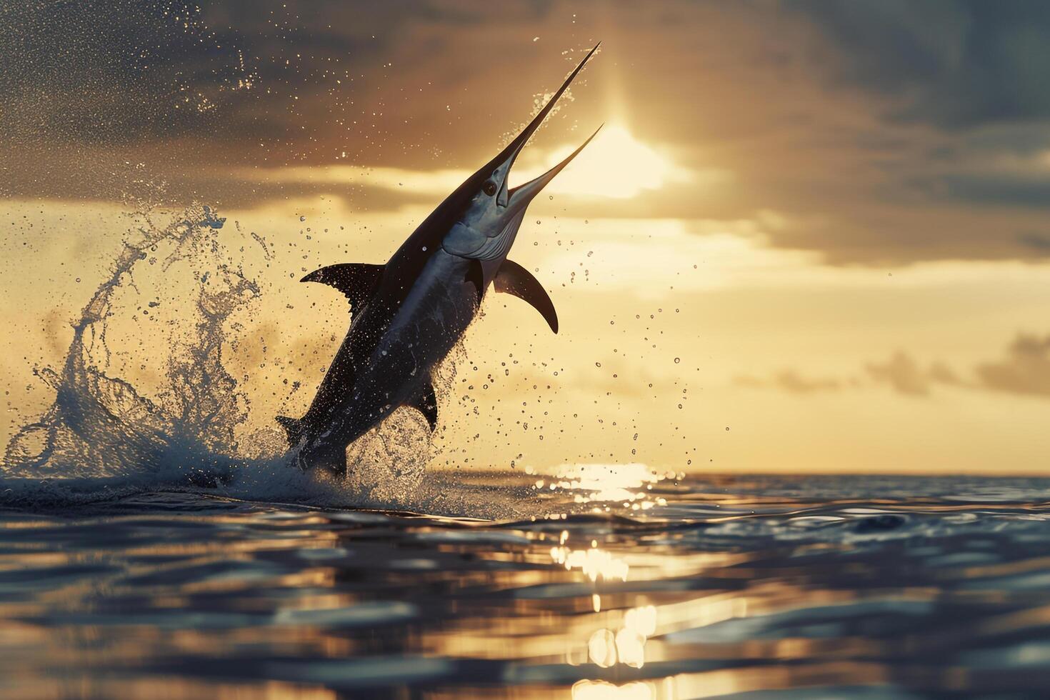 Marlin Jumping out of Water at Sunset on Ocean Background photo