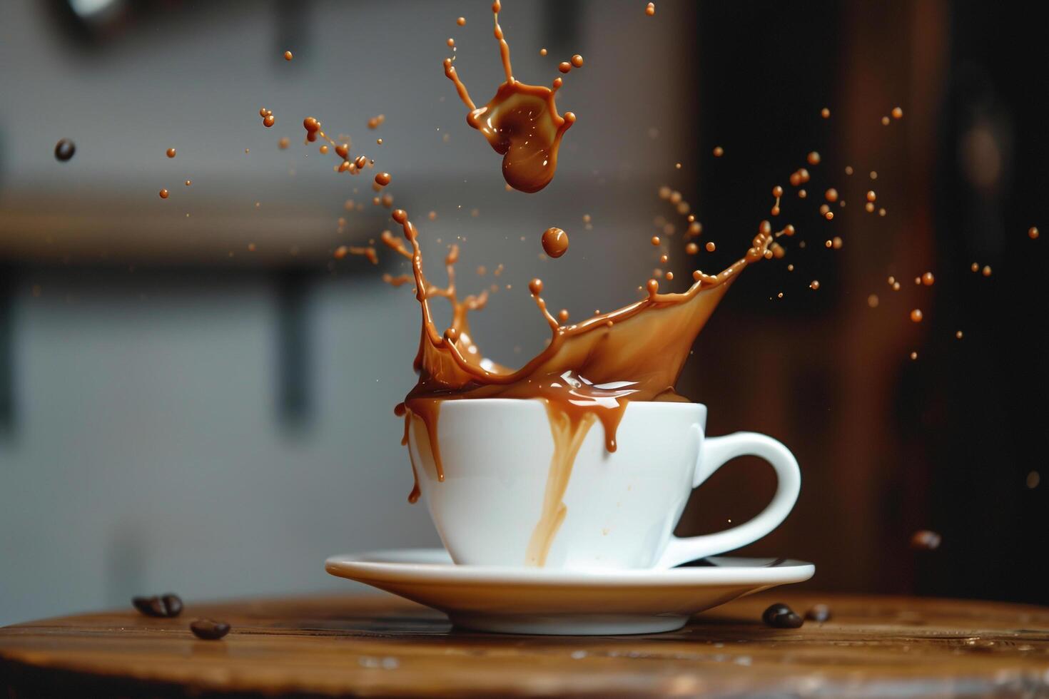 A cup of coffee with chocolate splashing into it, background photo
