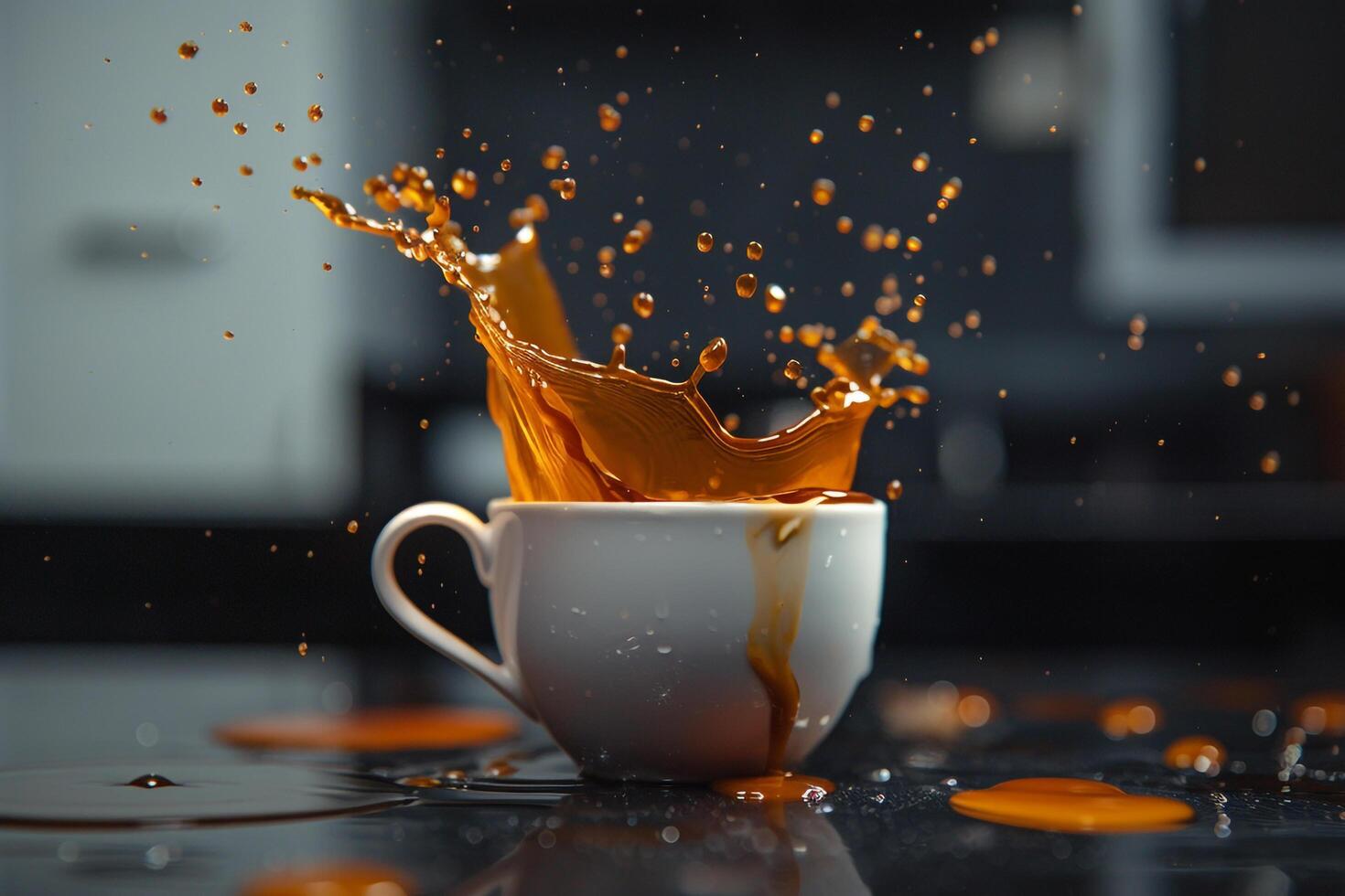 A coffee cup with orange liquid splashing on it, background photo