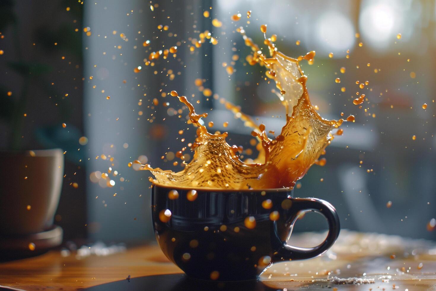 A cup of coffee being splashed with liquid, background photo