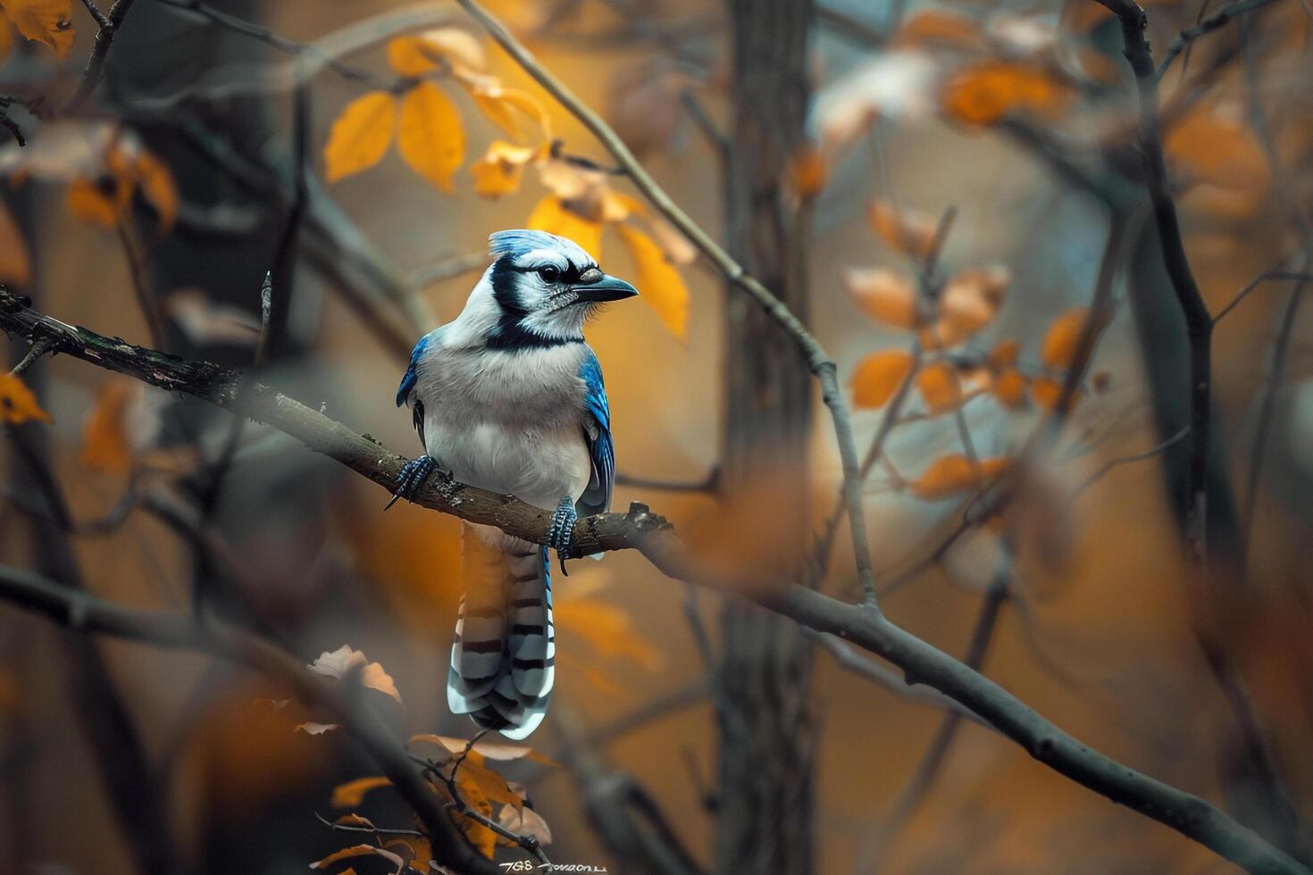 A blue jay perched on a branch in the autumn, background photo