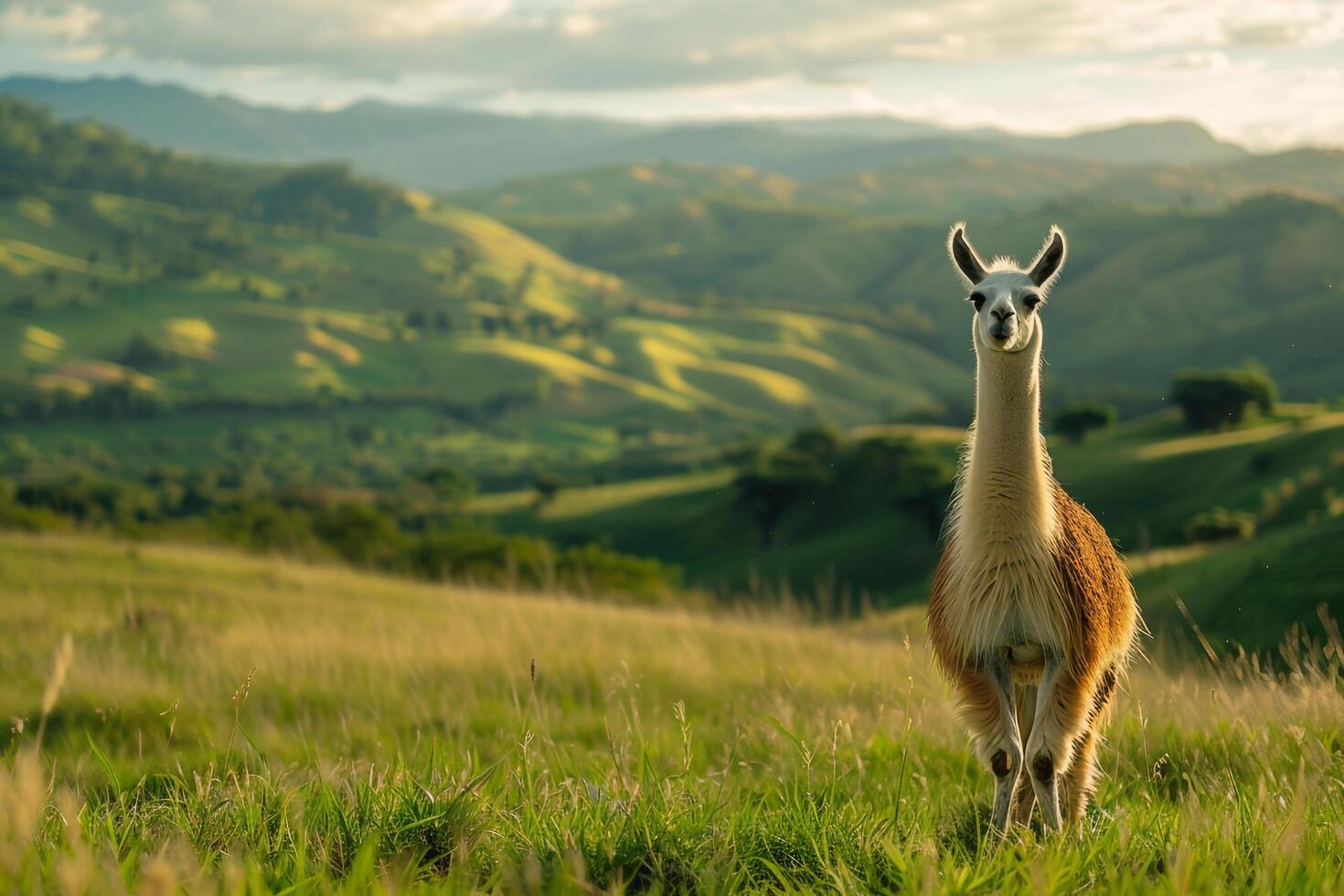 A llama stands in the grass on a hillside, background photo