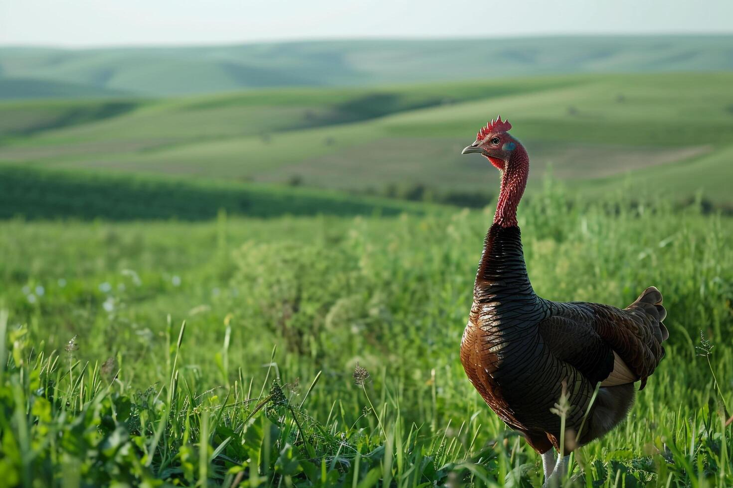 A turkey is standing in a field with a green hill in the background, background photo