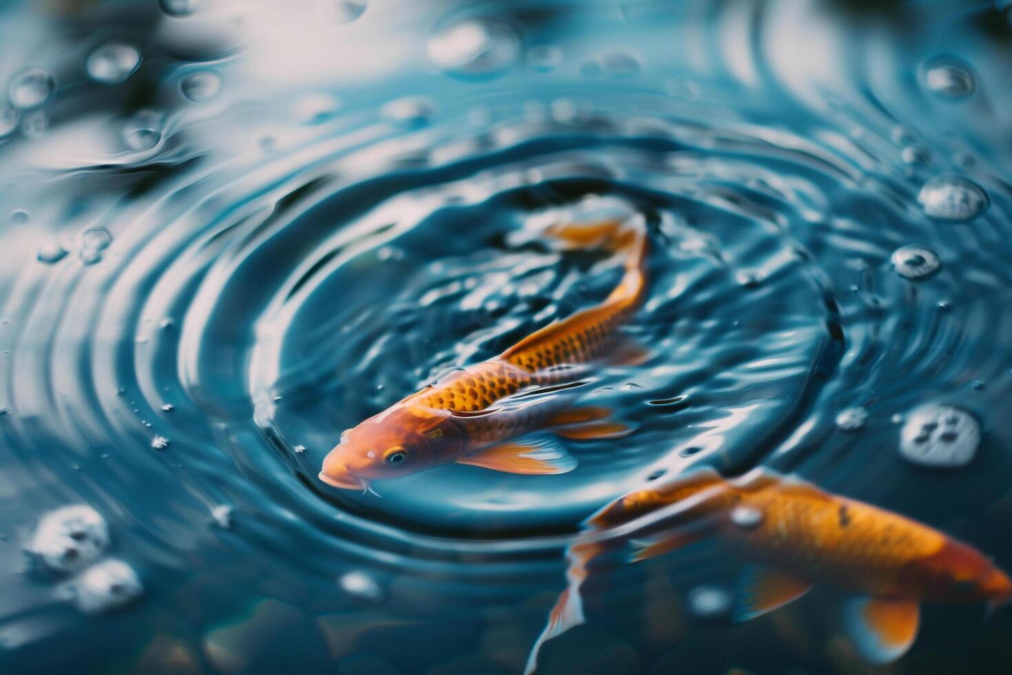 Two goldfish swimming in a pond with bubbles, background photo