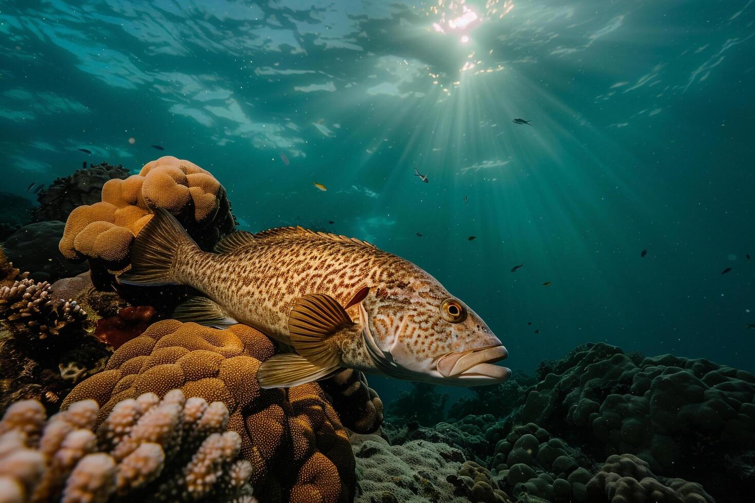 A fish swimming on the reef with sunlight shining through, background photo