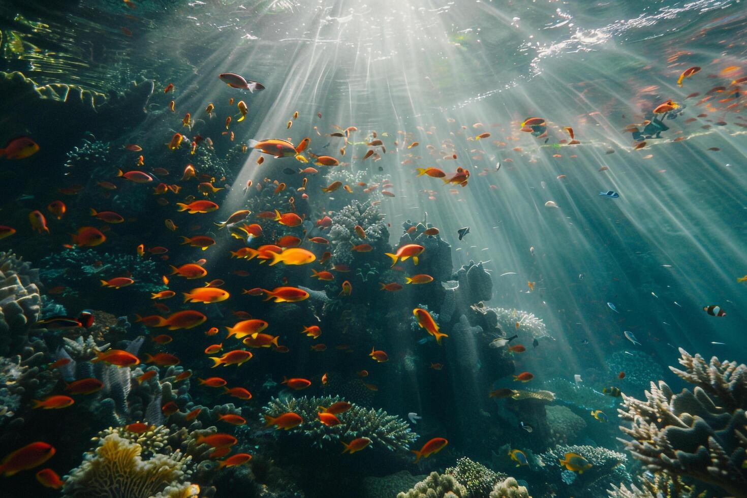 Underwater scene with rays of light shining through coral reef, background photo
