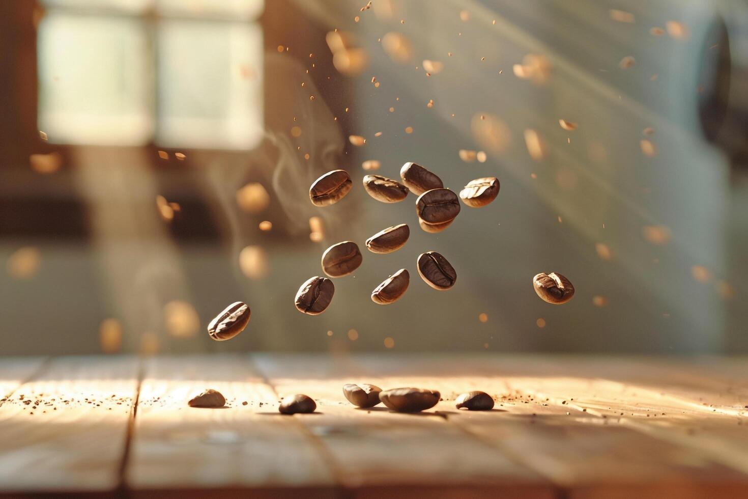 Coffee beans falling from a table, background photo