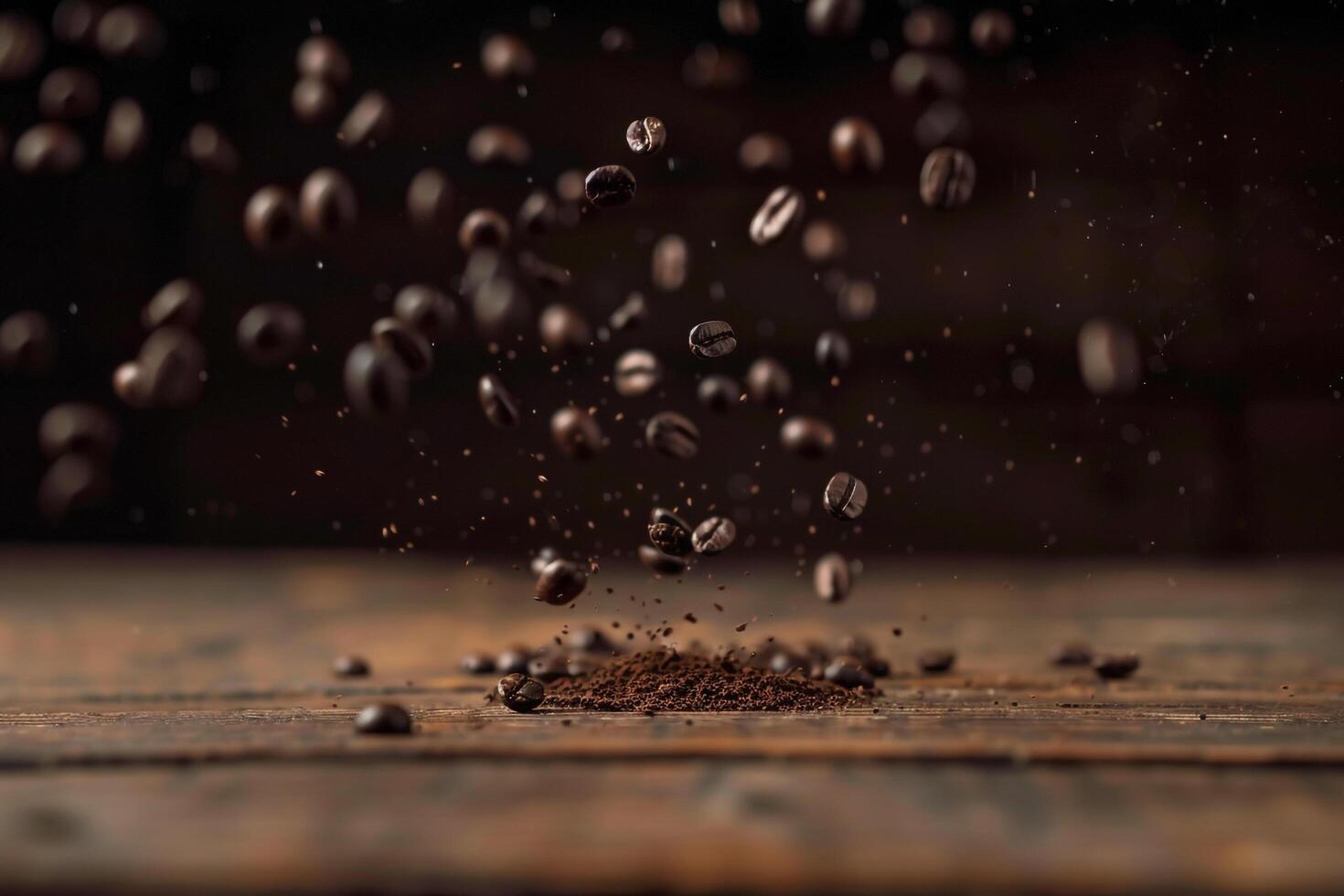 Coffee beans falling from the top of a wooden table, background photo