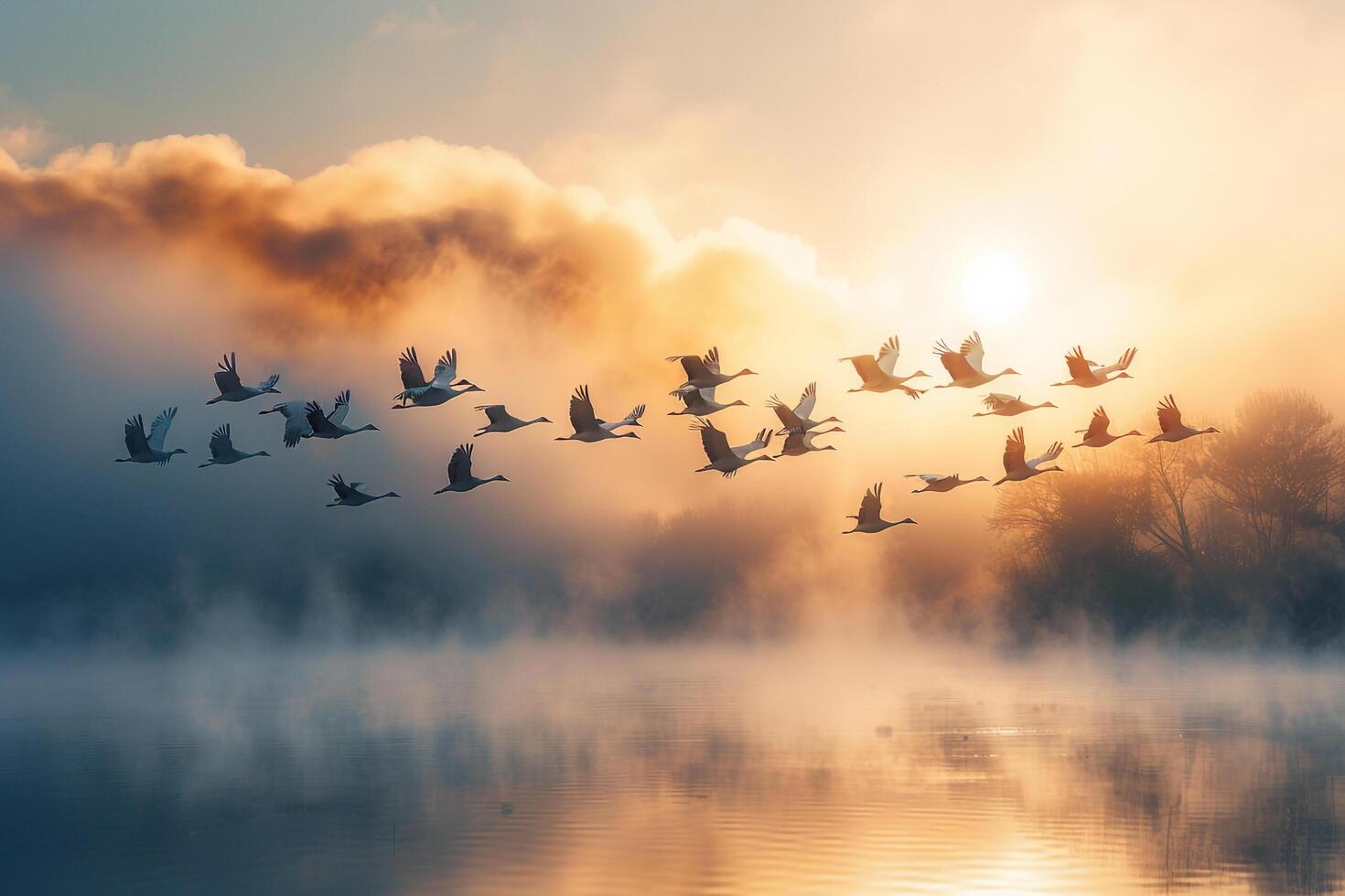 A flock of geese flying over a lake at sunrise, background photo