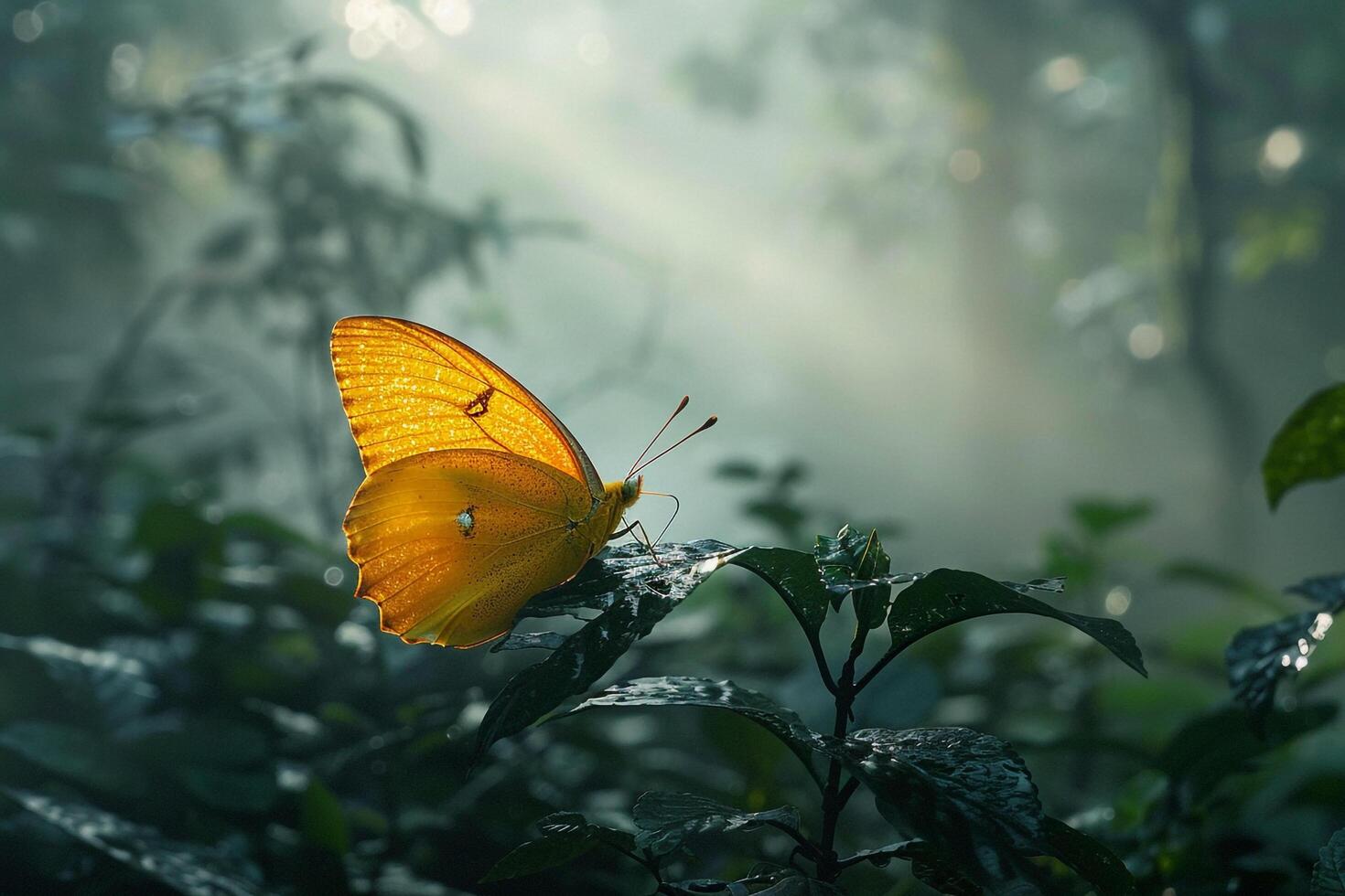 A yellow butterfly sits on a leaf in the forest, background photo