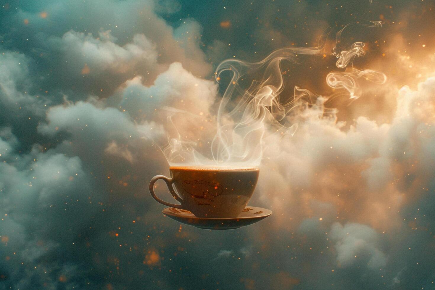 A cup of coffee is floating in the air with smoke coming out of it, background photo