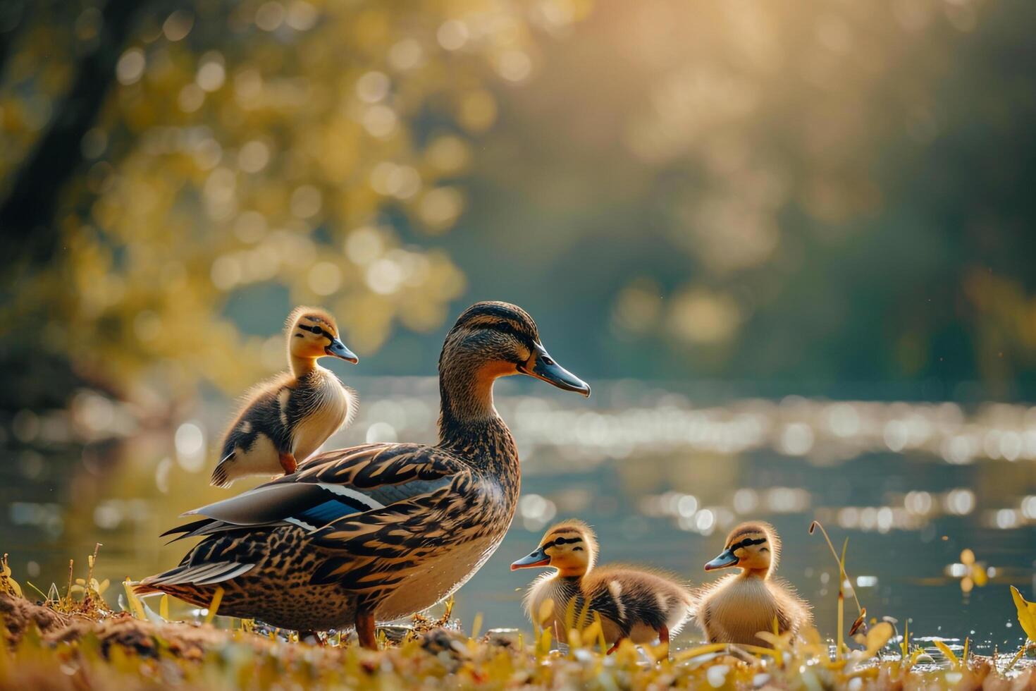 A family of ducks standing near a pond, background photo