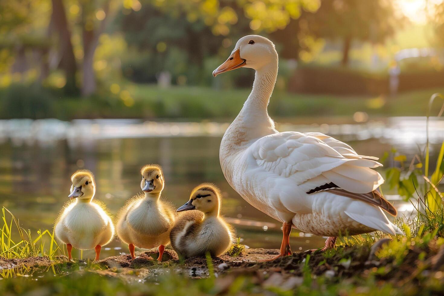 A mother goose and her three ducklings in the water, background photo
