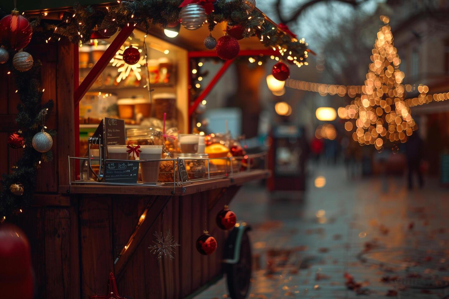 A Christmas market with a wooden cart and Christmas decorations, background photo