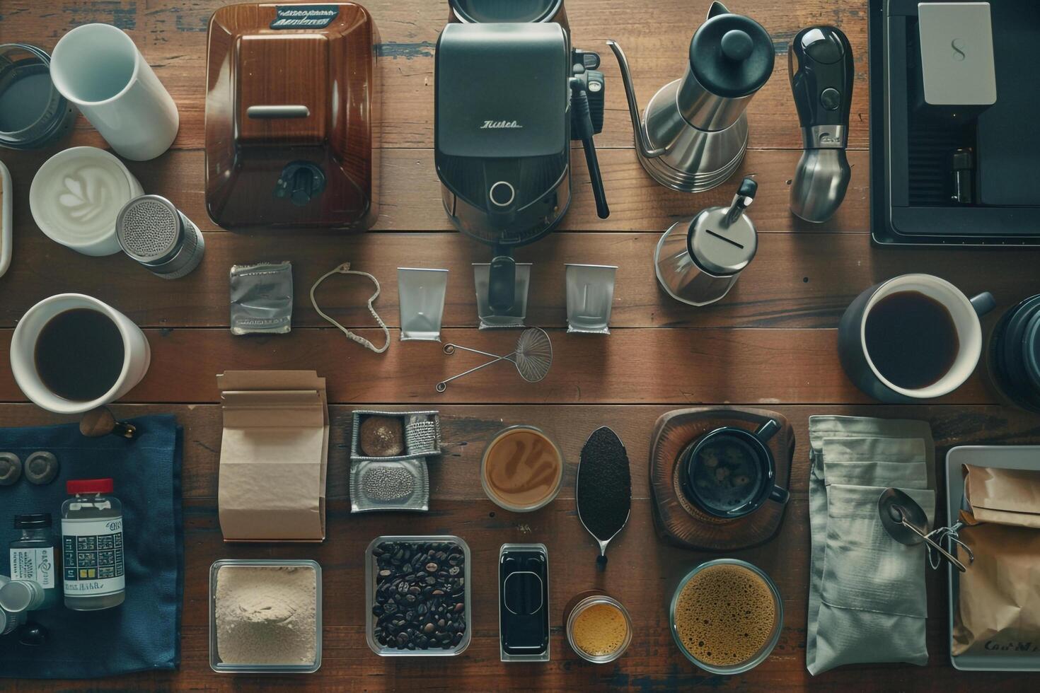 A table with coffee and other items on it, background photo