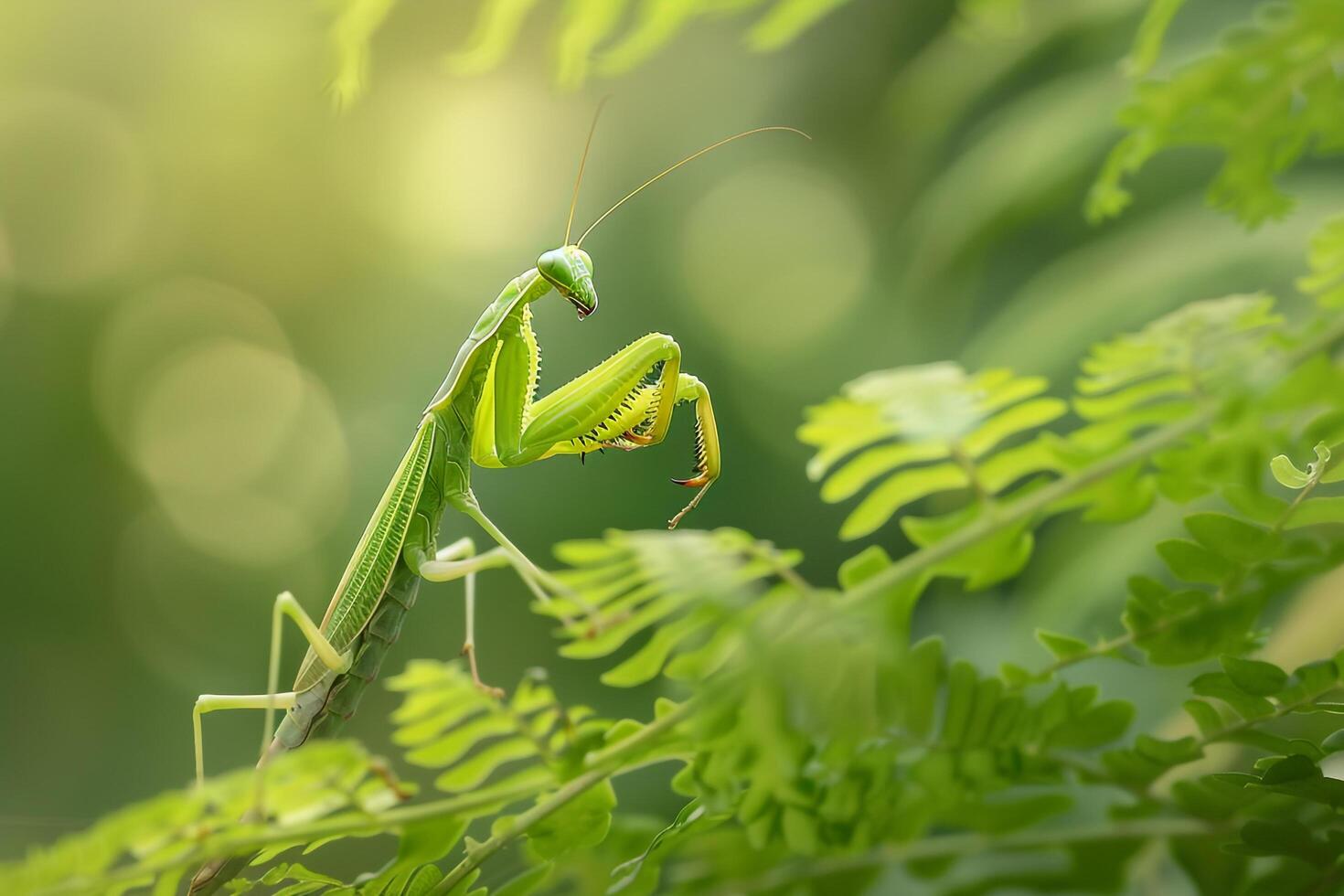 Praying mantis perched on a leaf background photo