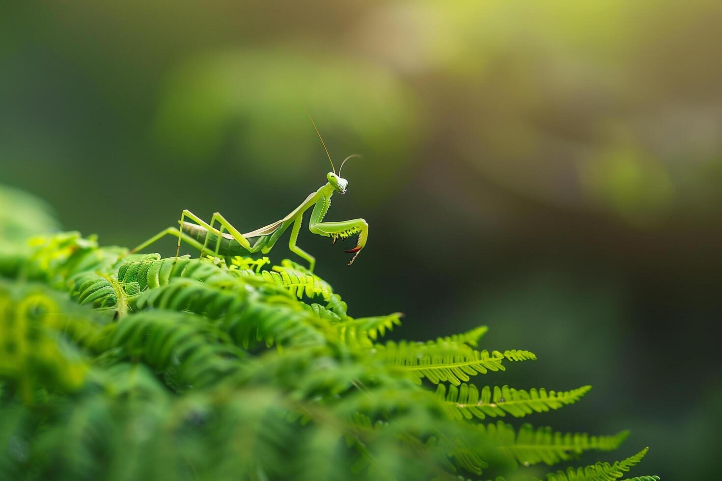 Praying mantis sitting on top of a fern background photo