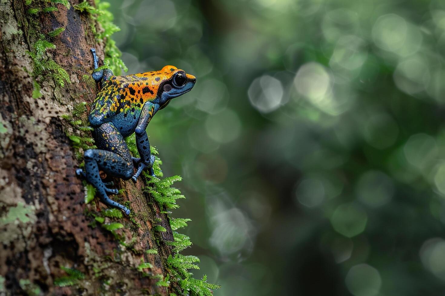 A colorful frog is sitting on a tree trunk background photo