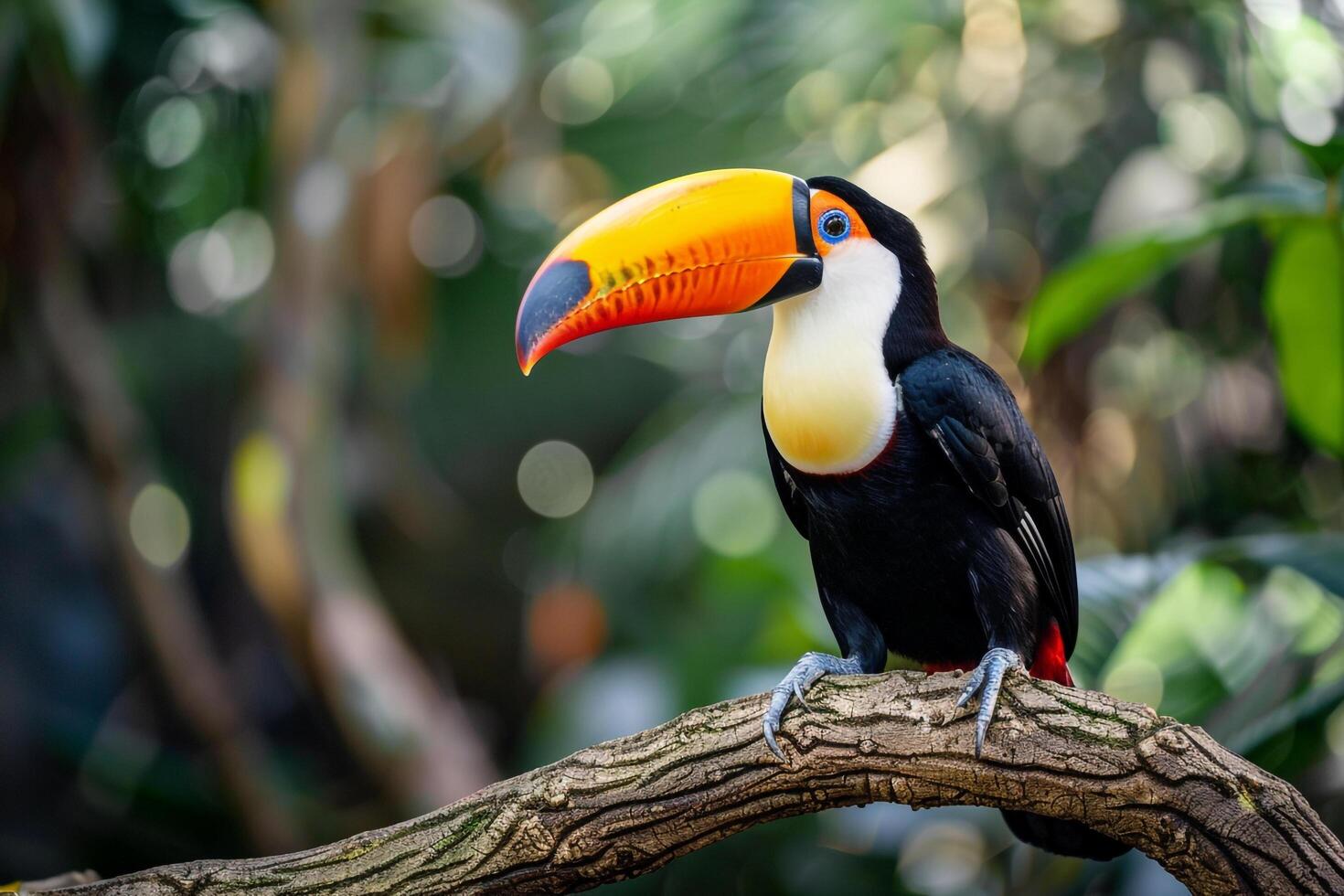 A toucan is sitting on a branch in the jungle background photo