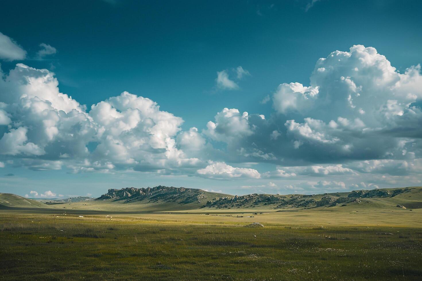 Large open field with grass and hills under a cloudy sky background photo