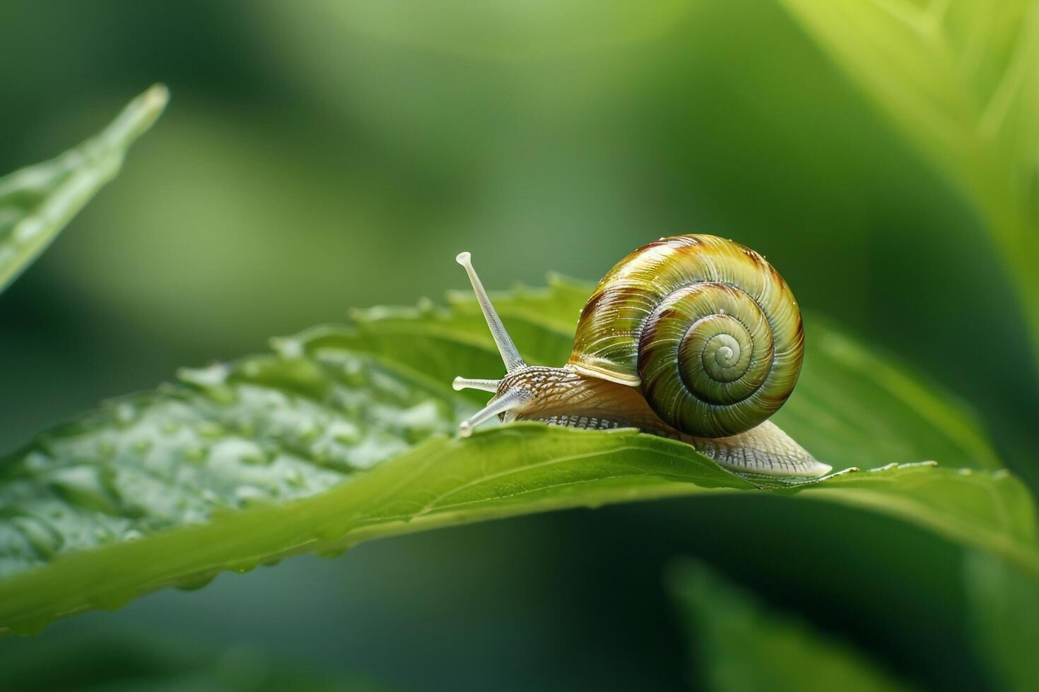 A Snail is Crawling on a Green Leaf Background photo