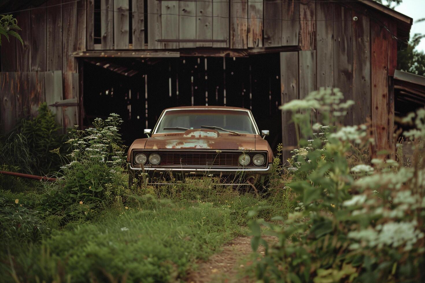 A Rusty Old Car is Parked in Front of a Barn Background photo