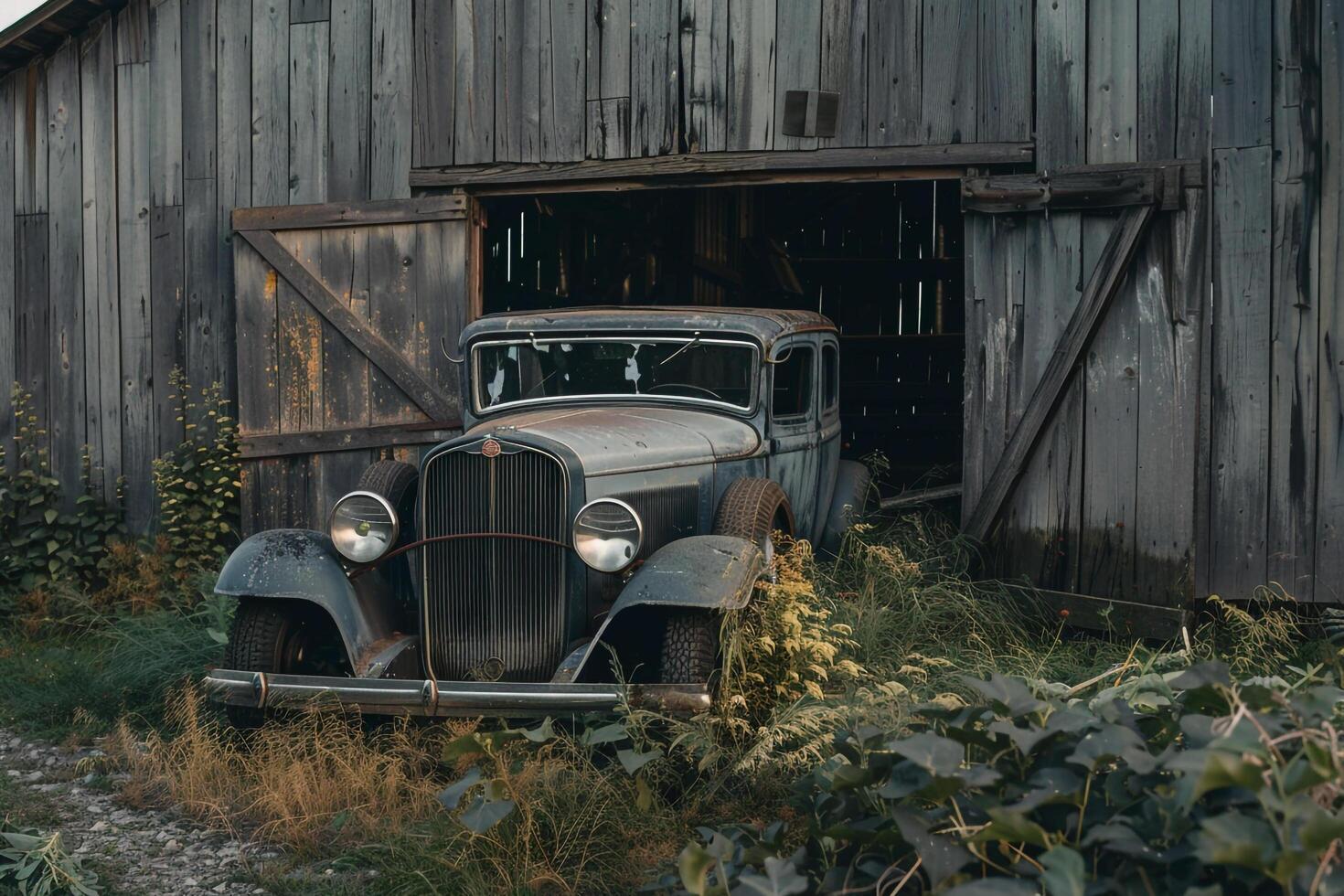 An Old Car is Parked in Front of a Barn Background photo