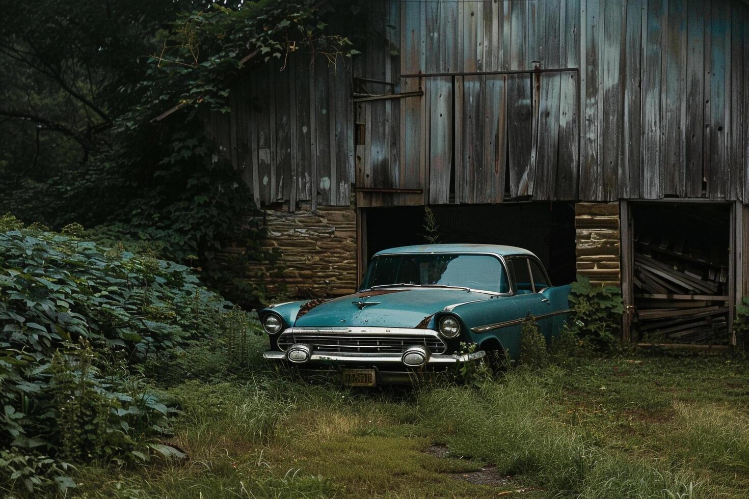 A Blue Car Parked in Front of a Barn Background photo