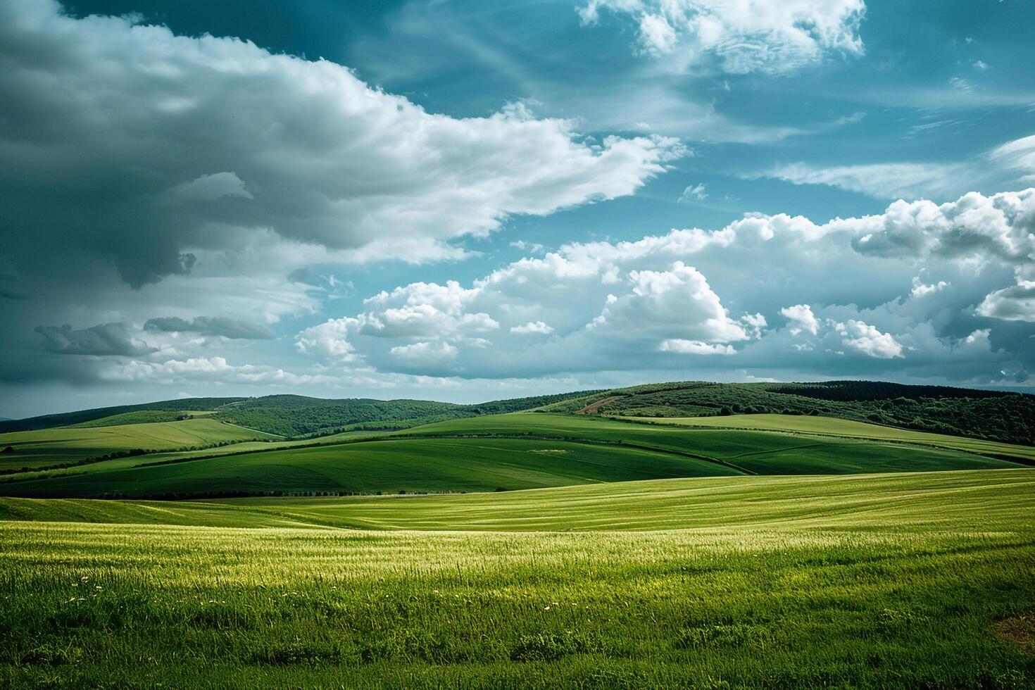 Field with green grass and a sky background photo