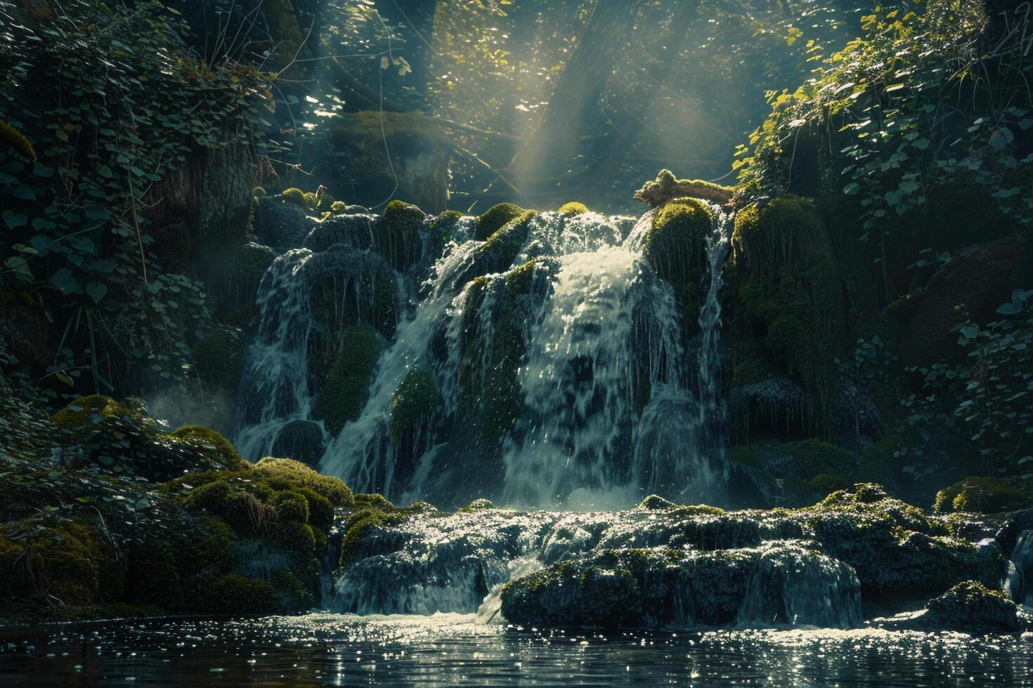 A Waterfall in the Jungle with Sunlight Shining through the Trees Background photo