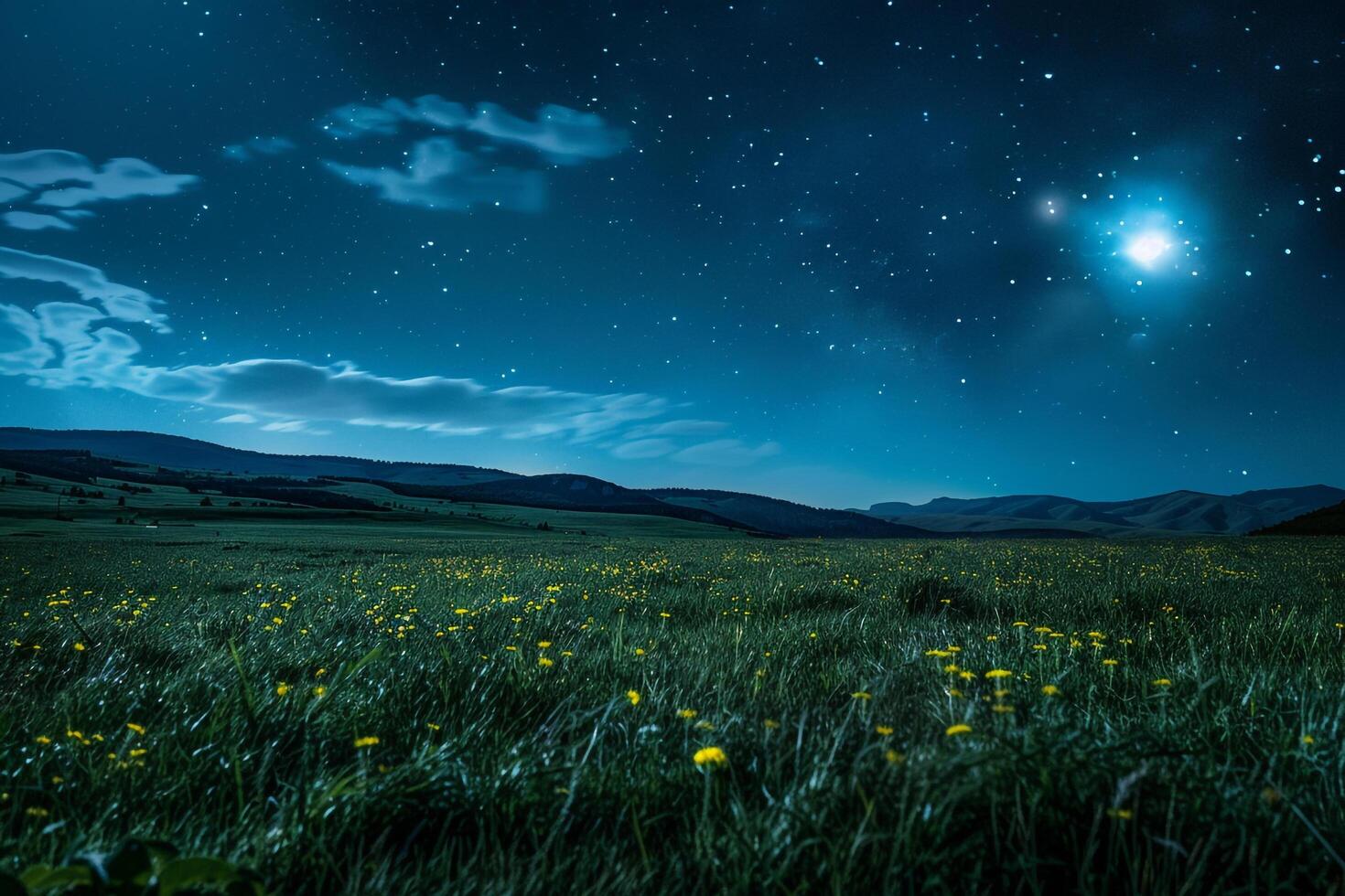 A Field with Yellow Flowers and a Starry Sky Background photo