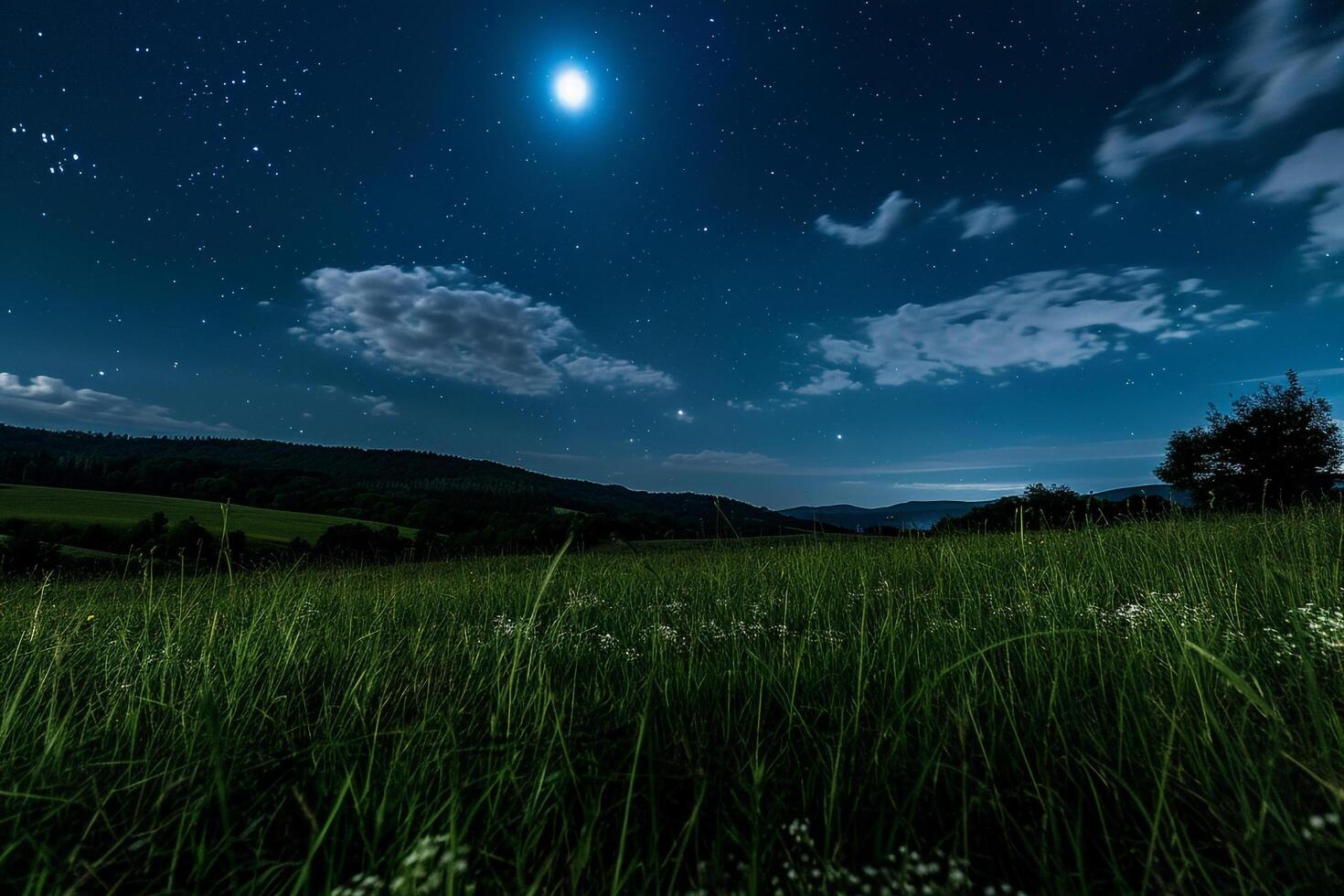 A Field with Grass and Trees under a Starry Sky Background photo