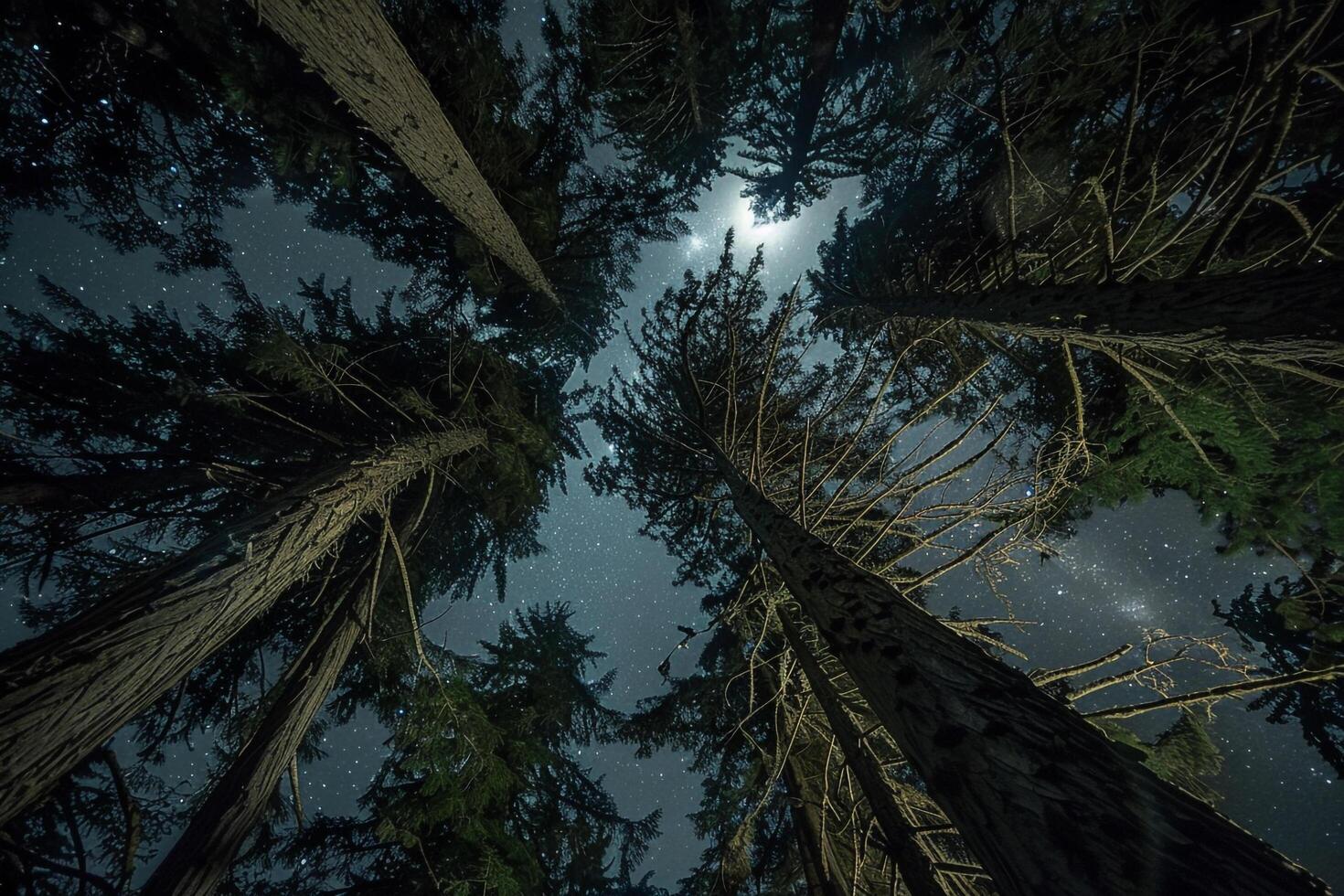 A View of Tall Trees at Night with the Moon in the Sky Background photo