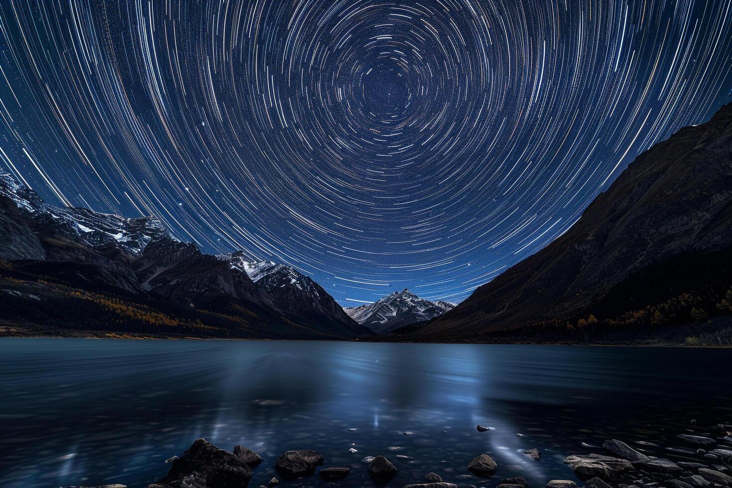 a star trail is seen over a lake and mountains background photo