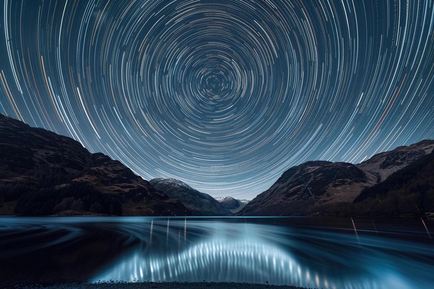 star trails over a lake and mountains background photo