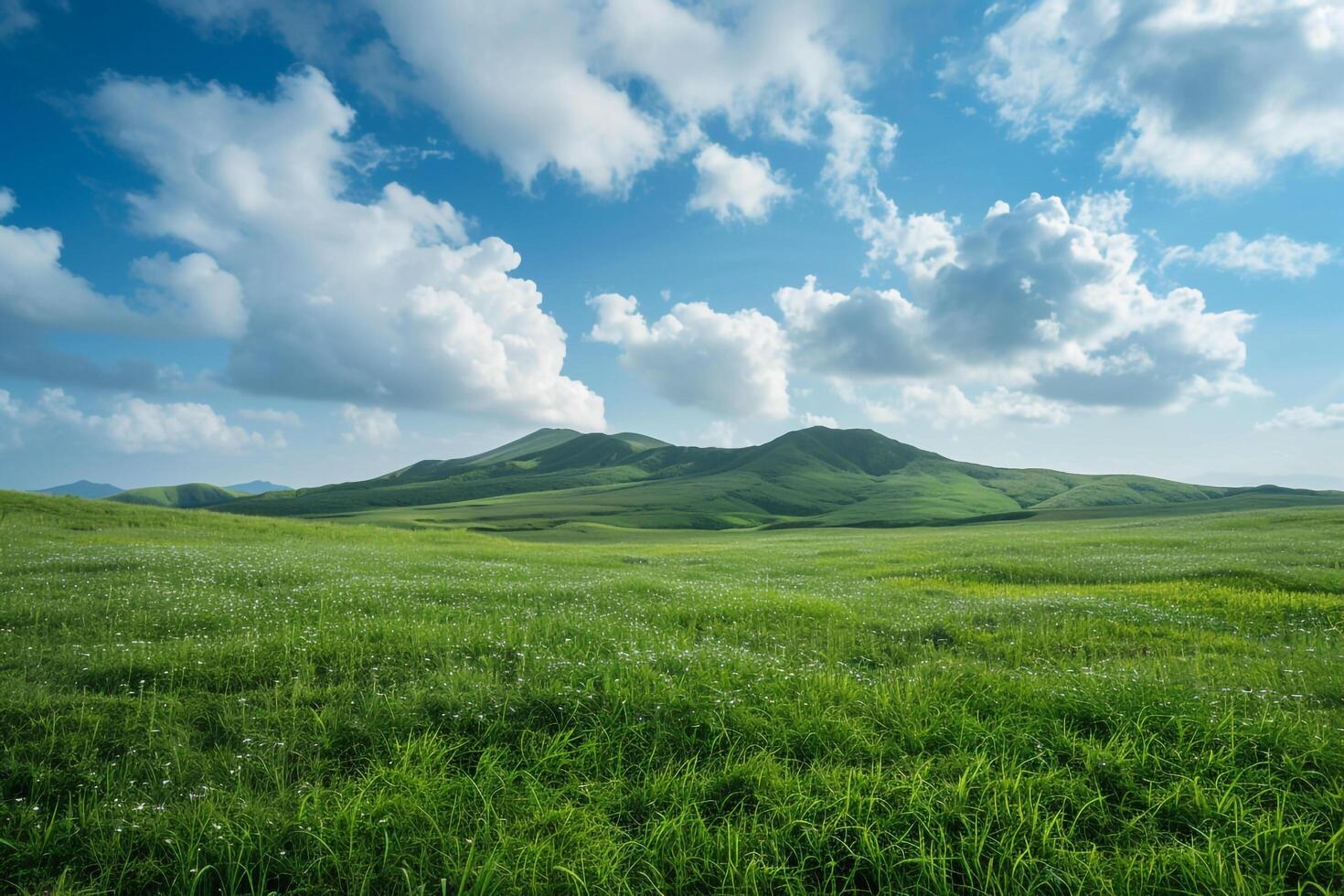Green field with hills and clouds background photo