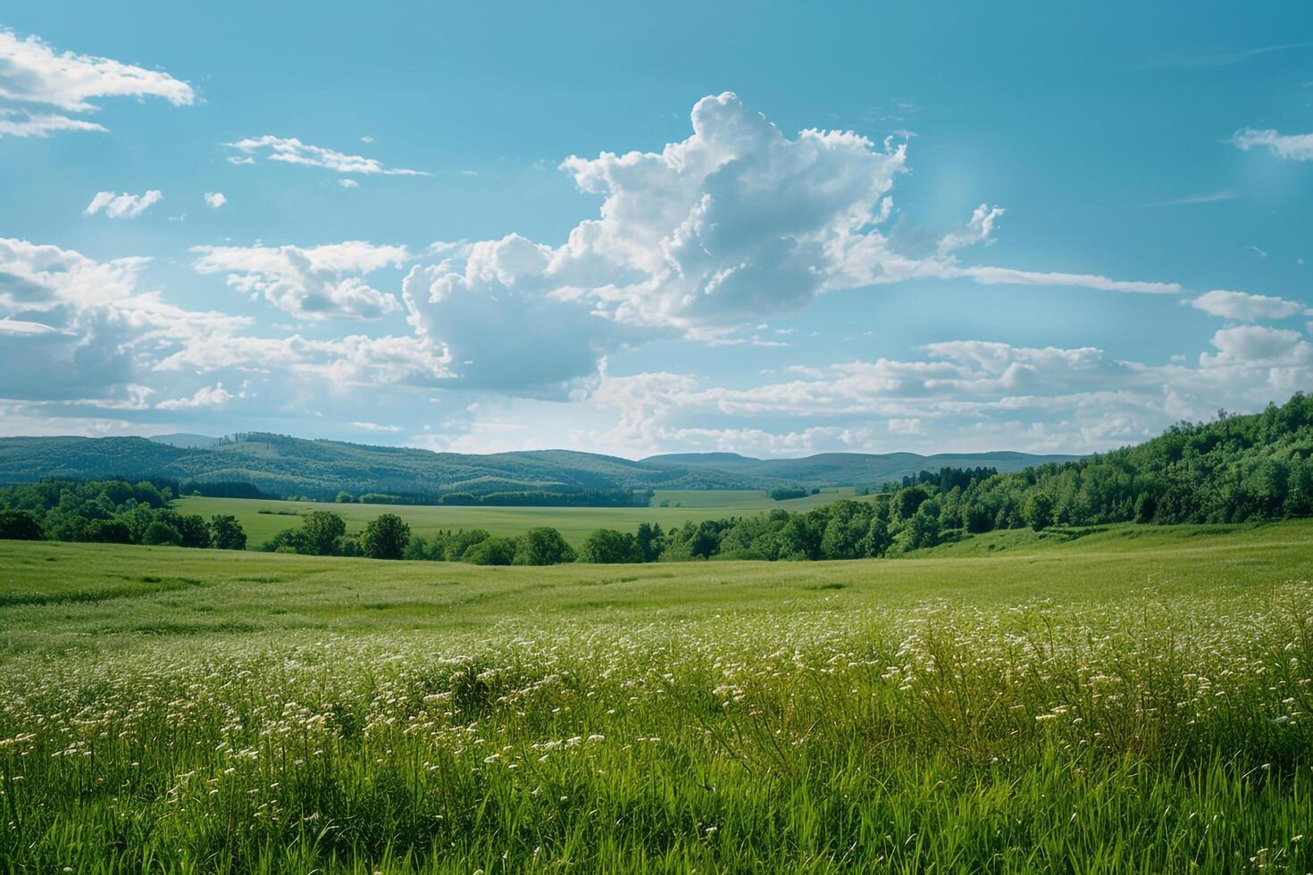 Field with Grass and Flowers under Blue Sky Background photo