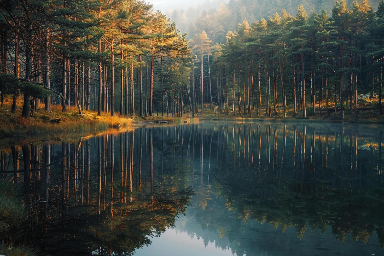 A lake surrounded by trees and a forest background photo