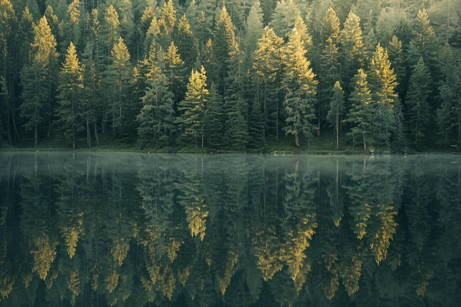 A forest is reflected in a lake with trees background photo