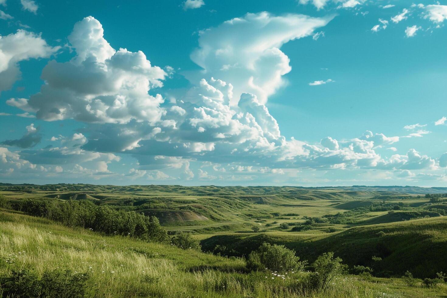 a beautiful view of the prairie with clouds in the sky background photo