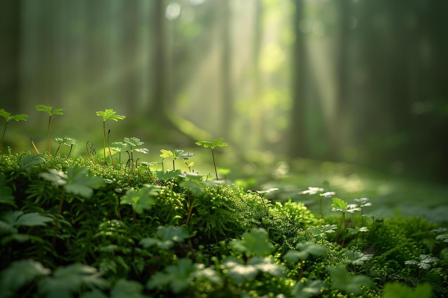 Moss and green plants in a forest background photo