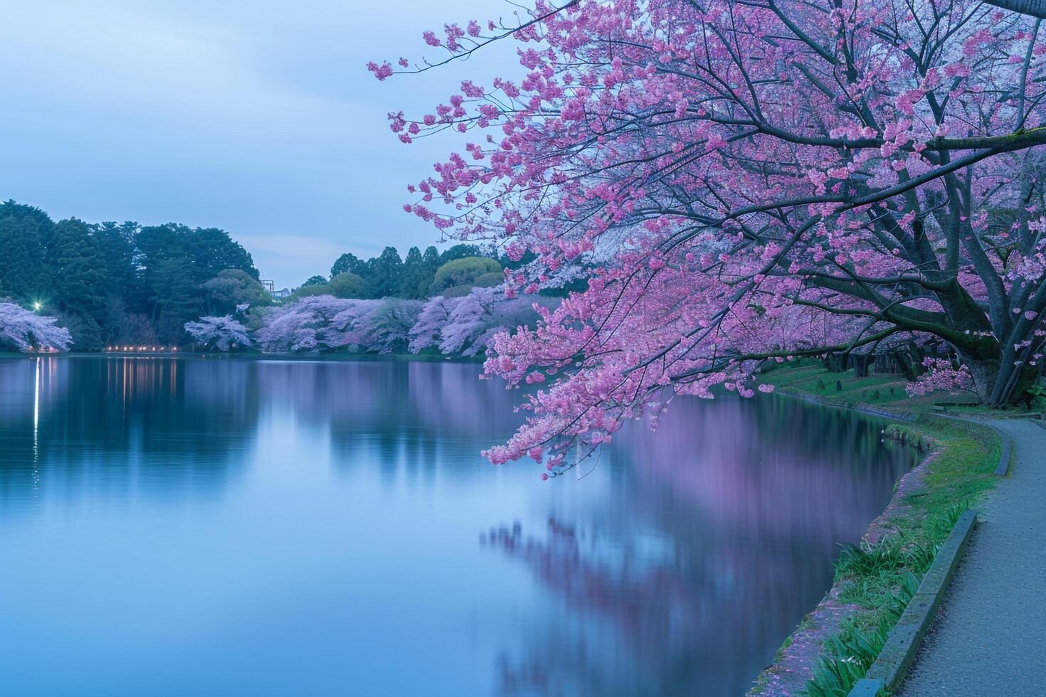Lake with pink flowers and trees in the background background photo
