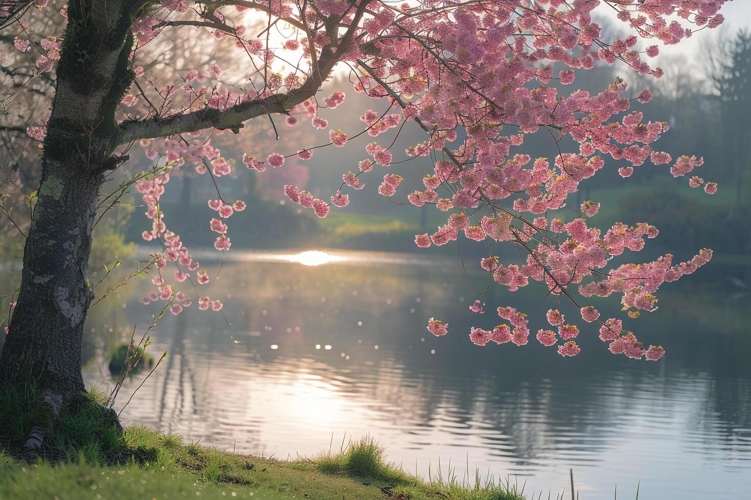 Tree with pink flowers near a lake background photo